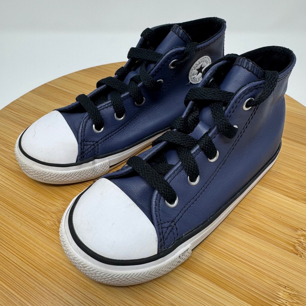 Converse High Top Kids 10 Navy Blue Leather Chuck Taylor A04428C Toddler Sneaker - Picture 3 of 11